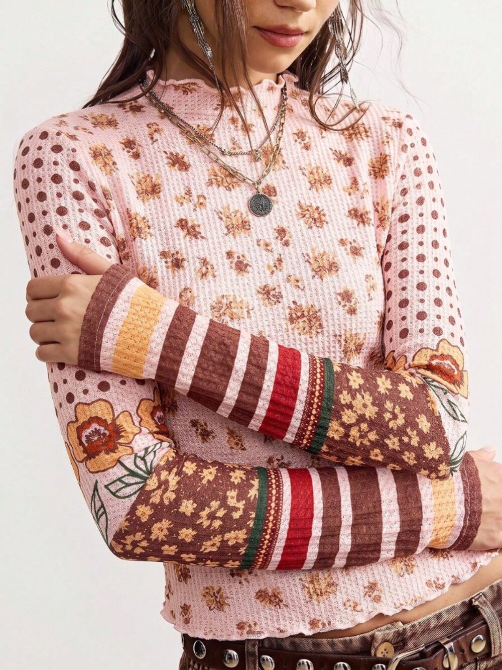 Pink Casual Women's Knitted Printed Round Neck Long Sleeve T-Shirt